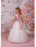 Beaded Pink Satin Ivory Tulle Floor Length Flower Girl Dress